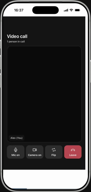 Simulated phone showing 1 person in call and the Mic on, Camera on, Flip and red Leave controls