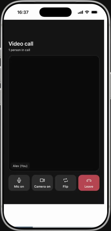Simulated phone showing 1 person in call and the Mic on, Camera on, Flip and red Leave controls