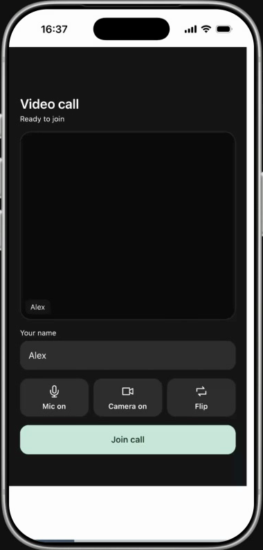 Simulated phone after leaving, showing the editable name and Join call button again