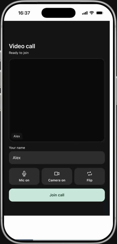 Simulated phone after leaving, showing the editable name and Join call button again