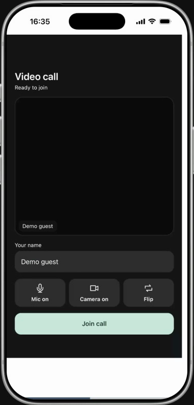 Simulated phone showing Ready to join, Demo guest in the name field, Mic on, Camera on, Flip, and Join call