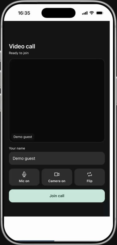 Simulated phone showing Ready to join, Demo guest in the name field, Mic on, Camera on, Flip, and Join call