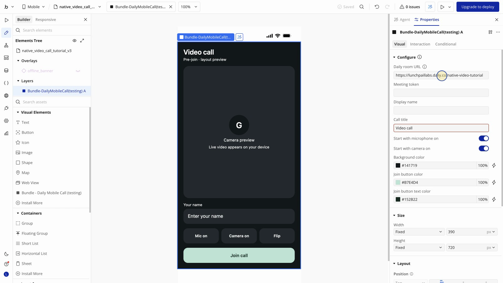 Native call element properties showing Daily room URL, empty Meeting token, display name and title fields, and starting microphone and camera switches