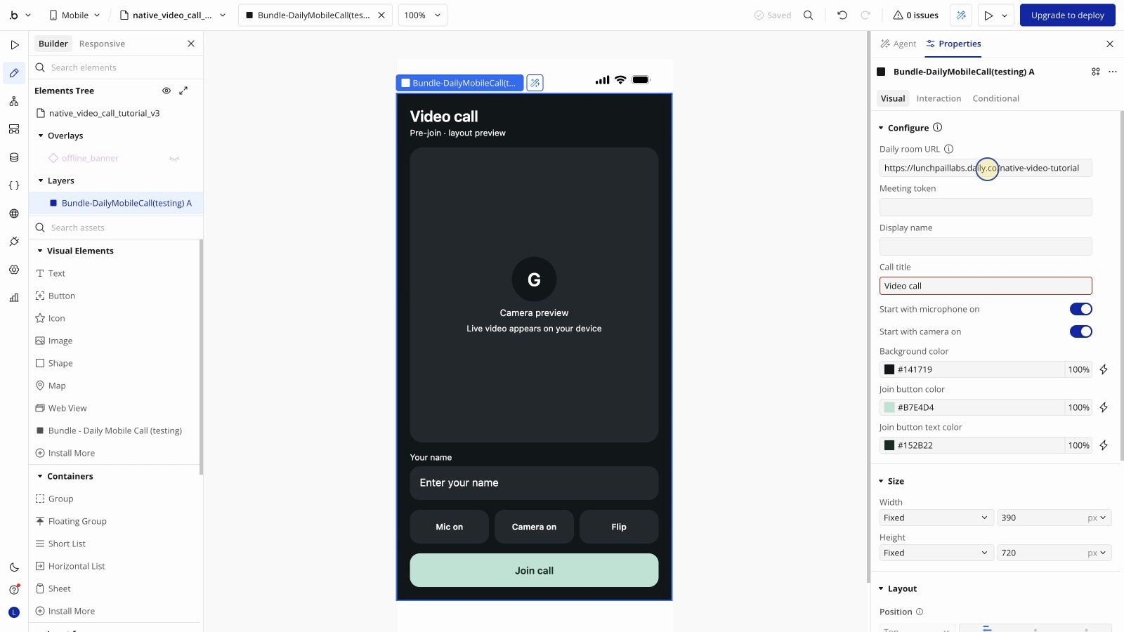 Native call element properties showing Daily room URL, empty Meeting token, display name and title fields, and starting microphone and camera switches