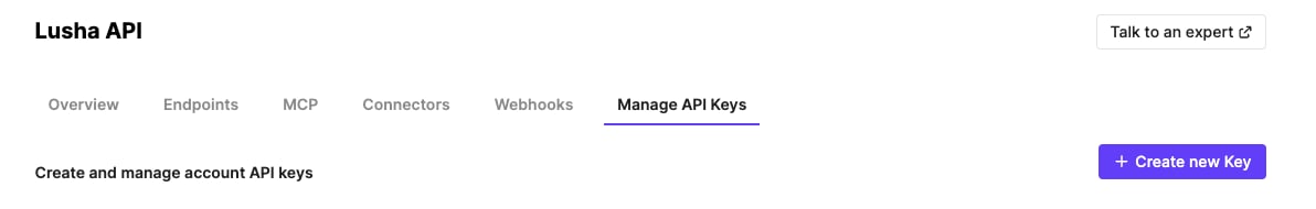 Manage API Keys tab in the Lusha dashboard