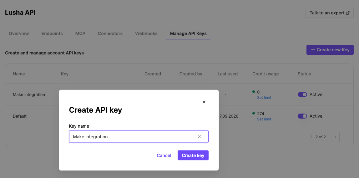Create API key dialog with the key named Make integration