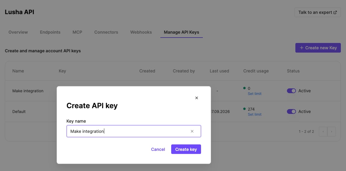 Create API key dialog with the key named Make integration