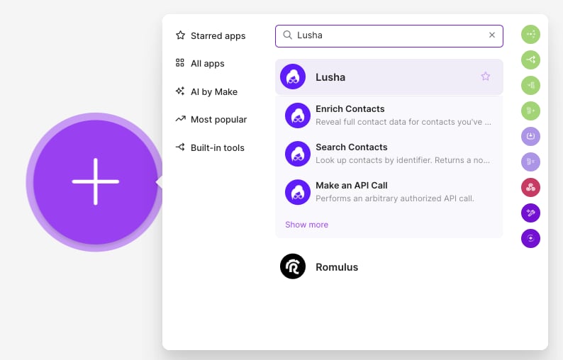 Searching for the Lusha app in Make's module picker