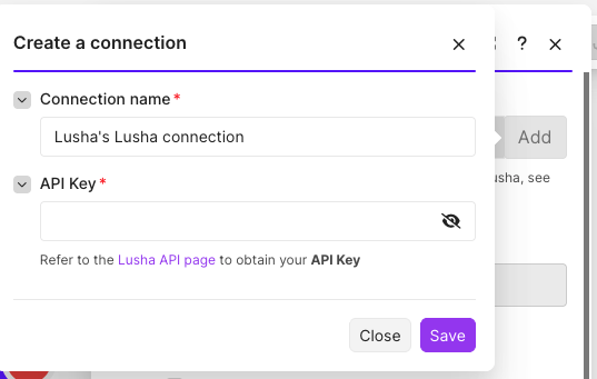 The Create a connection dialog with the API Key field
