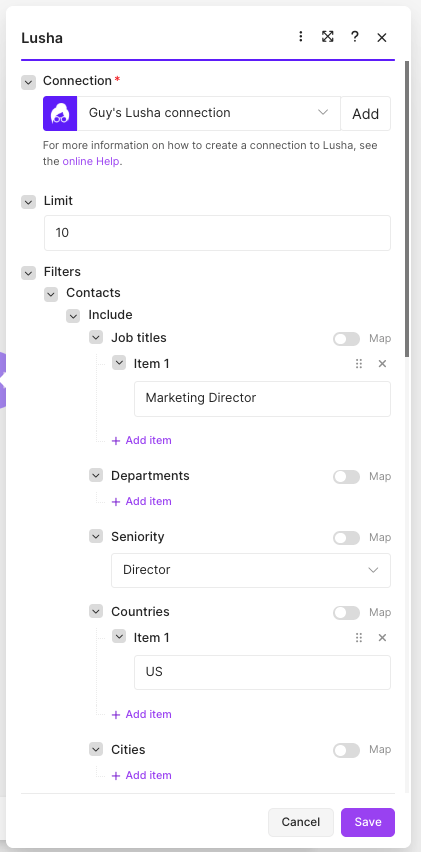 Prospect Contacts by ICP configured with job title, seniority and country filters