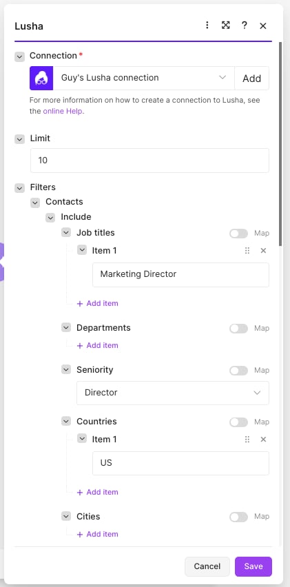 Prospect Contacts by ICP configured with job title, seniority and country filters