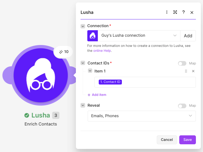 Enrich Contacts module with Contact ID mapped and Emails, Phones selected