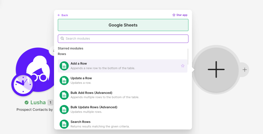Selecting the Add a Row module for Google Sheets