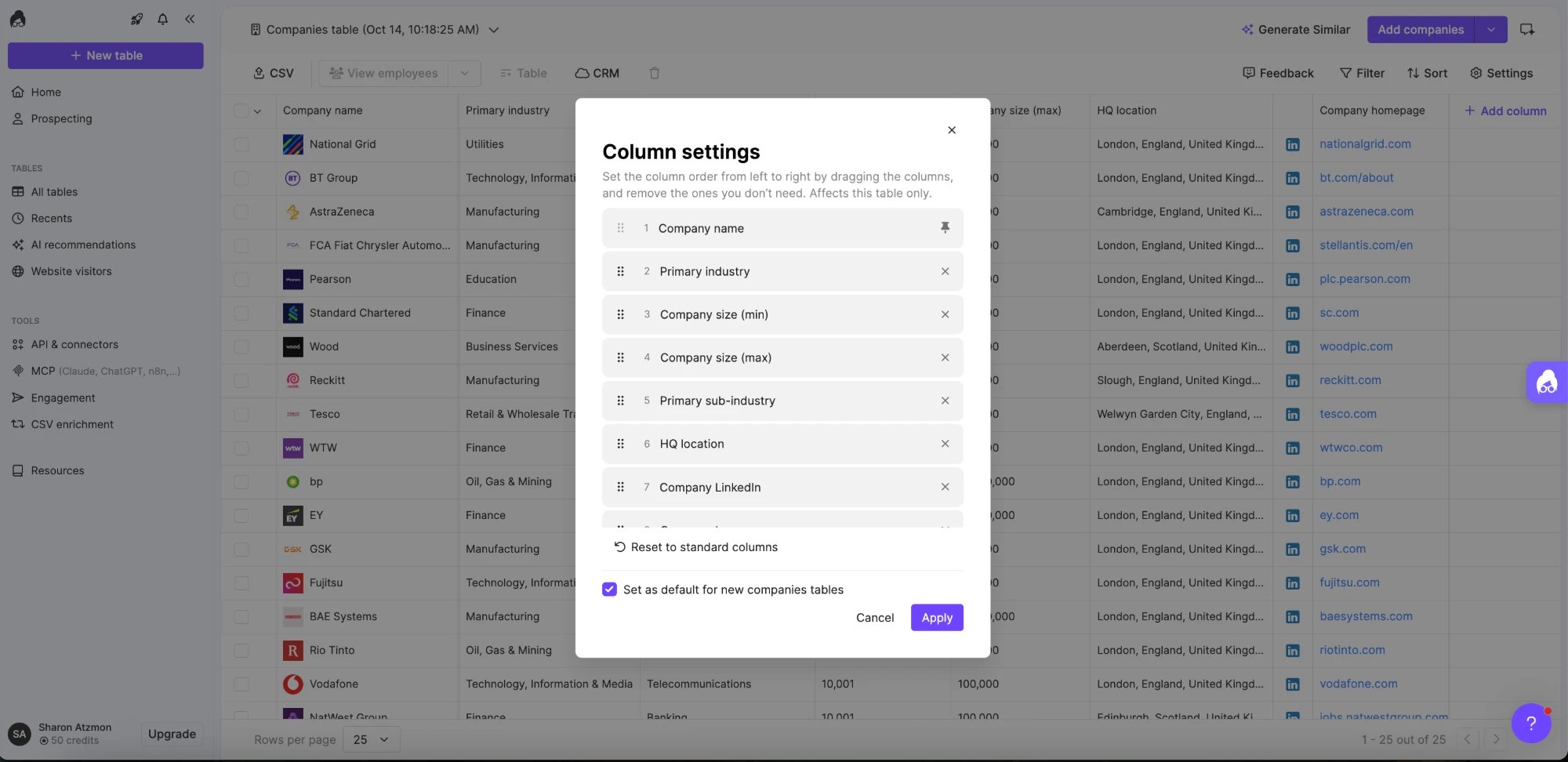 Column settings panel showing the draggable column order with remove buttons, a Reset to standard columns link, and a checkbox to set the layout as default