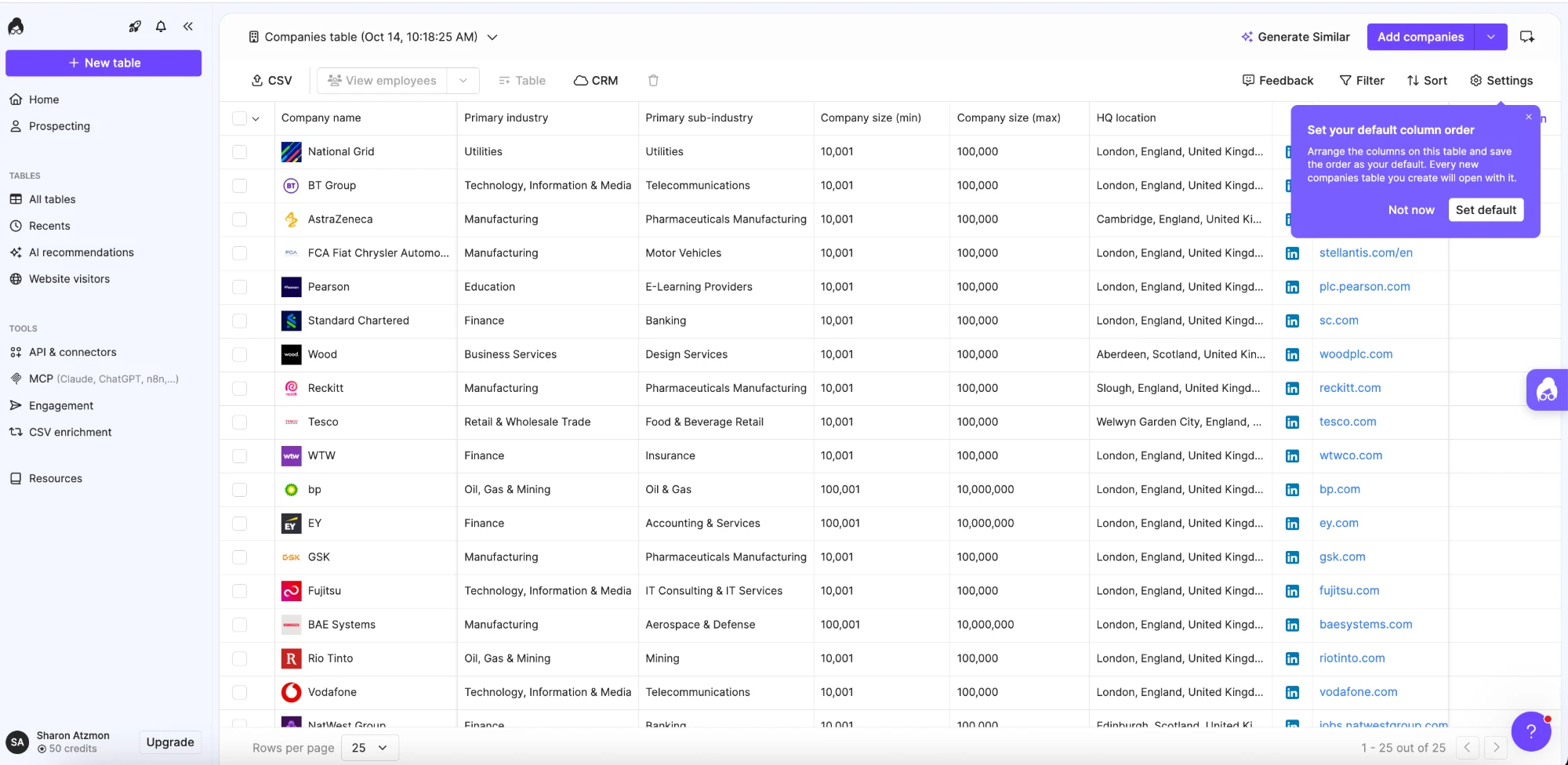 Prompt asking to set the current column order as the default for new companies tables, with Not now and Set default buttons