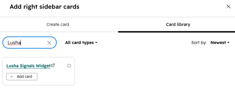Card library with the Lusha Signals widget search result