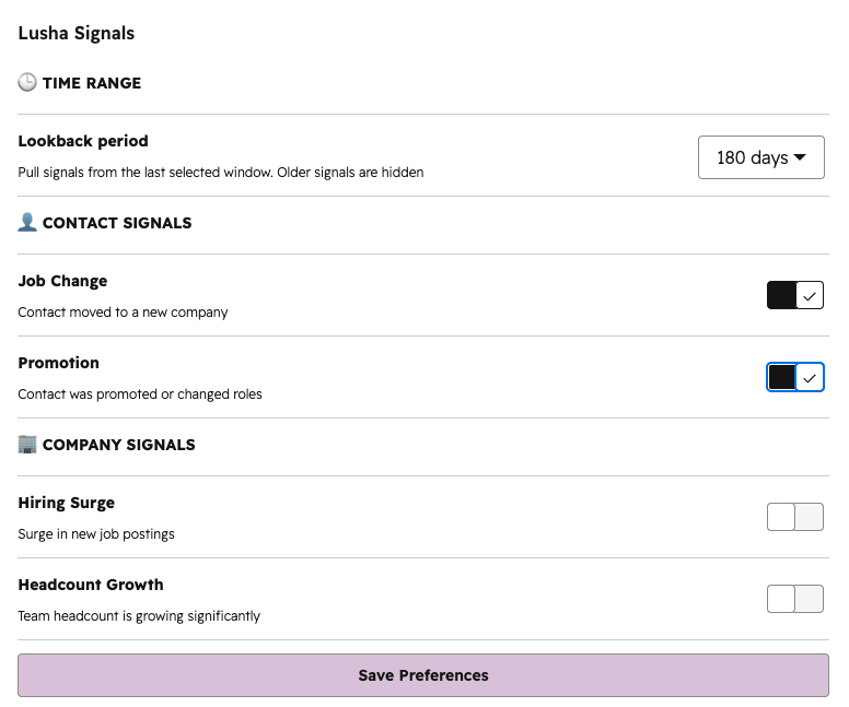 Signal Preferences screen with Contact and Company signal toggles