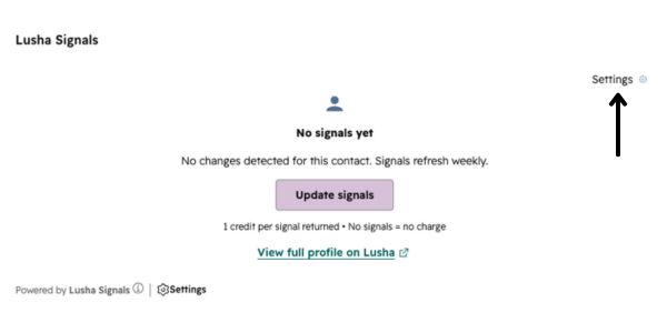 Lusha Signals card with the settings icon highlighted