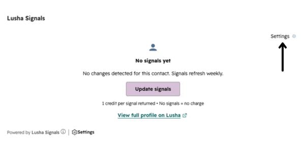 Lusha Signals card with the settings icon highlighted