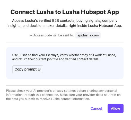 Connect Lusha to Lusha HubSpot App authorisation dialog