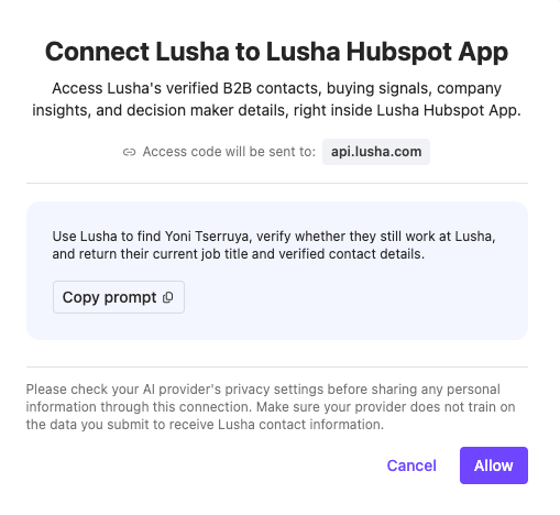 Connect Lusha to Lusha HubSpot App authorisation dialog