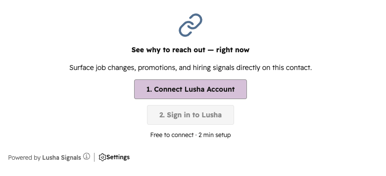 Connect Lusha Account button on the Lusha Signals card