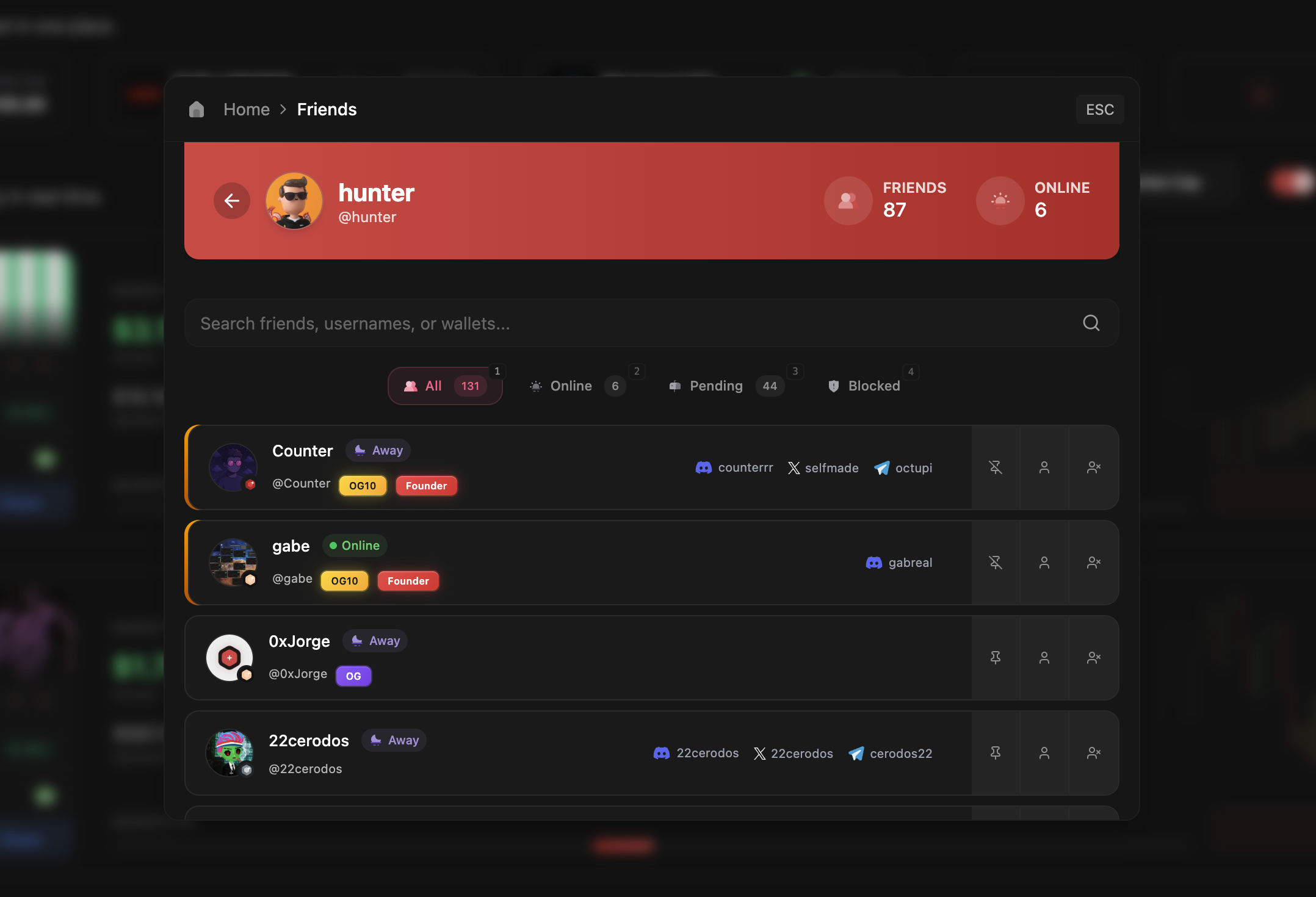 Friends management interface