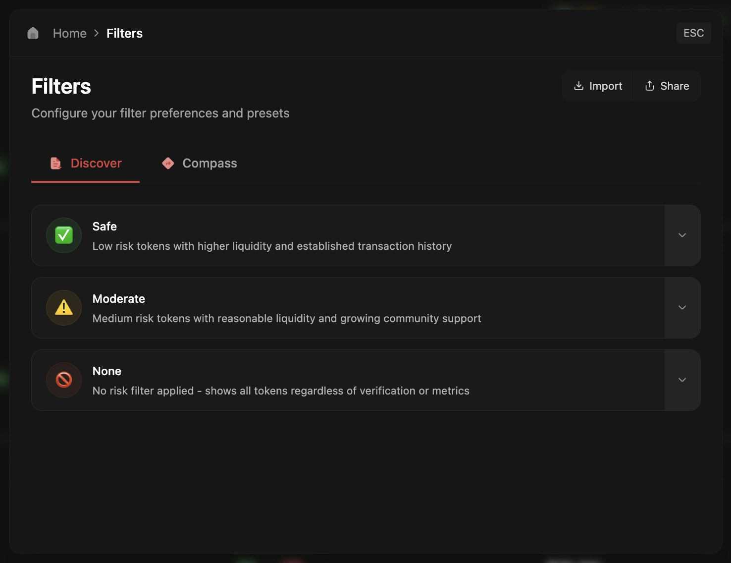 Filter presets management
