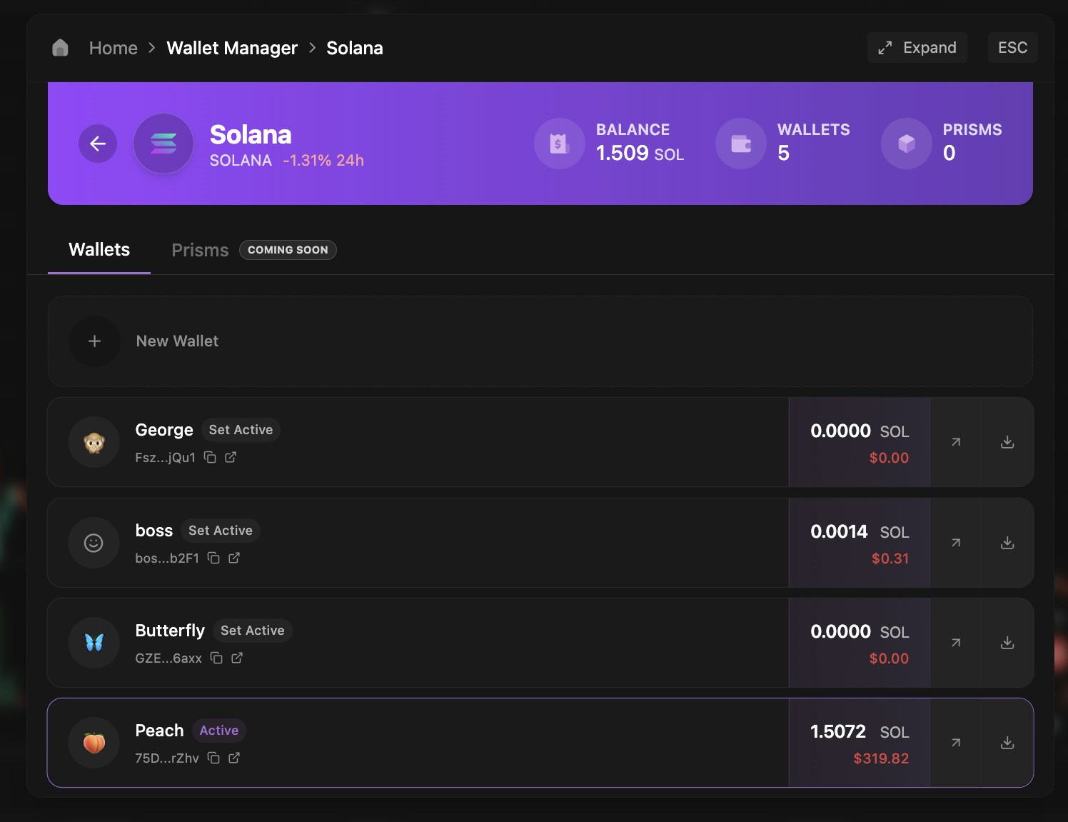 Main wallets management