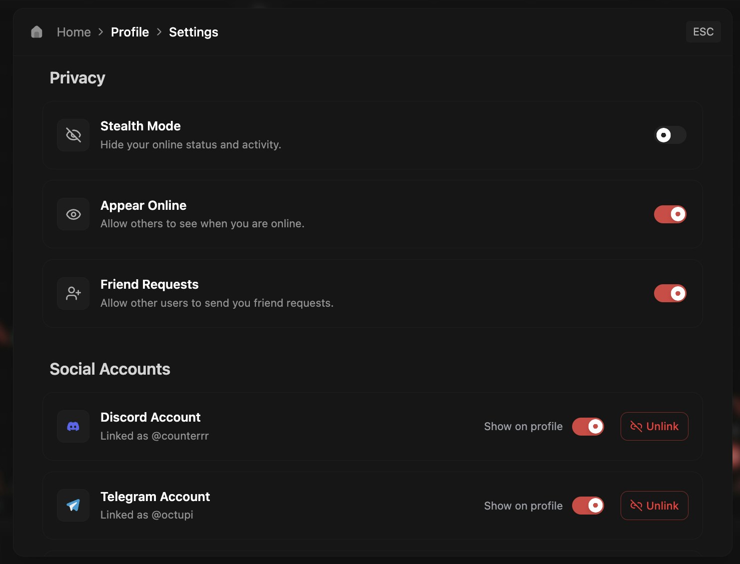 Privacy settings interface
