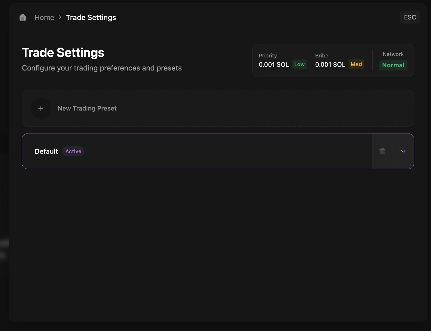 Trading presets management