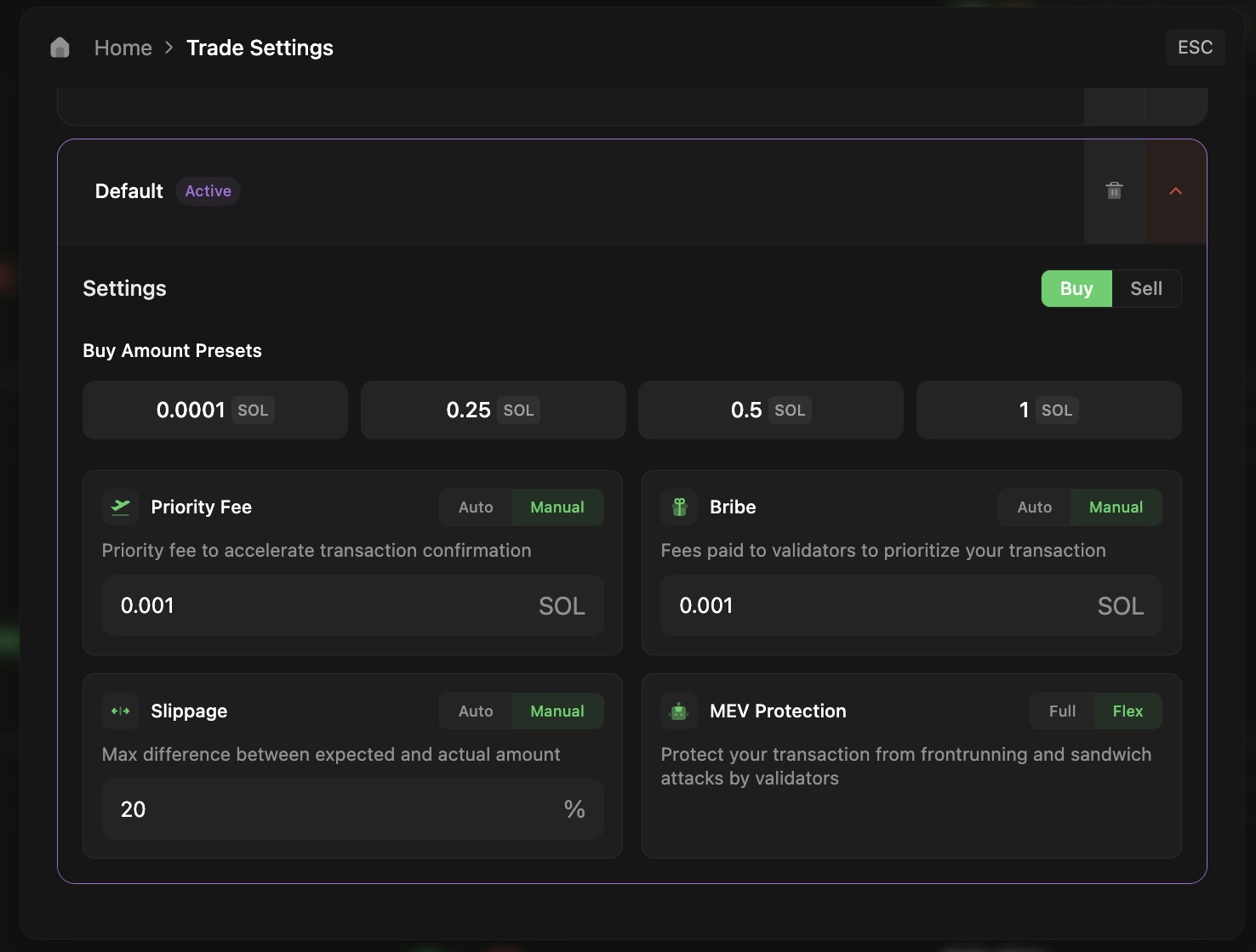 Expanded settings view