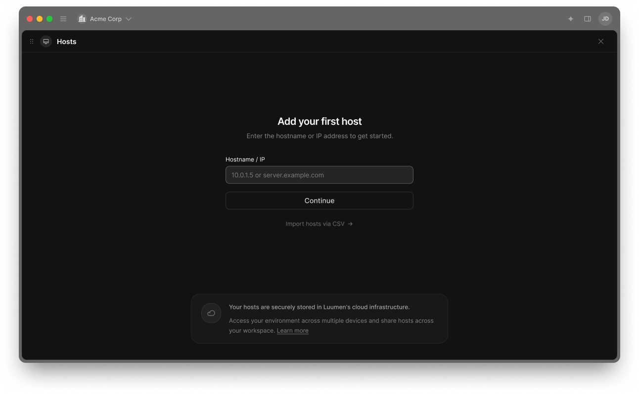The Add your first host screen in Luumen with a field for hostname or IP address