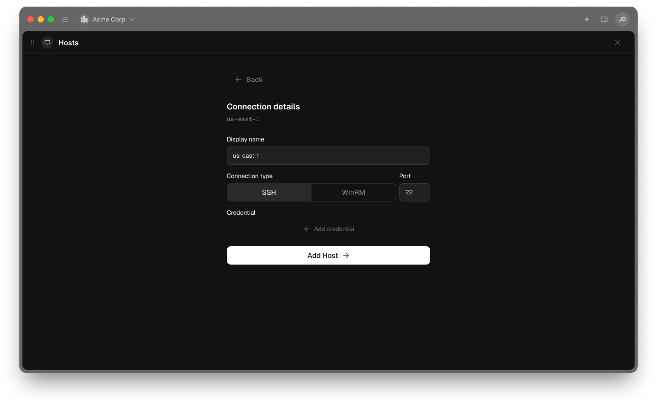 The Connection details screen in Luumen showing display name, connection type, port, and credential fields