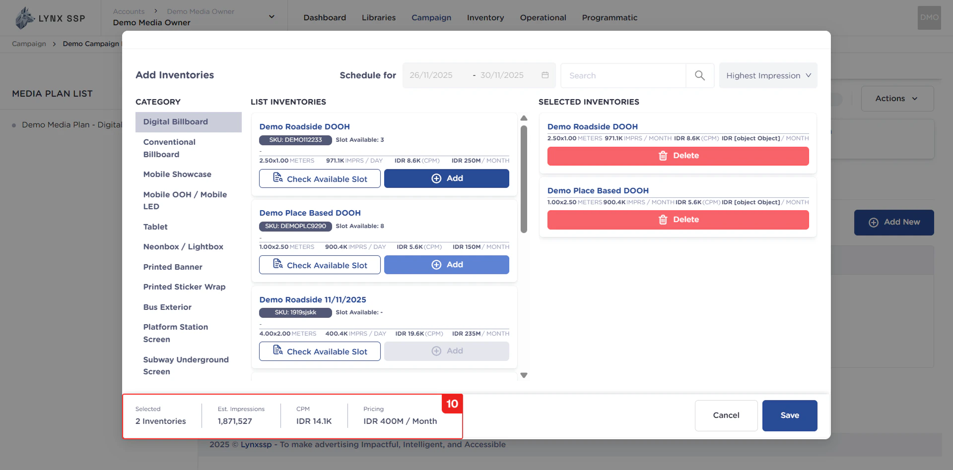 Summary Information from Selected Inventory