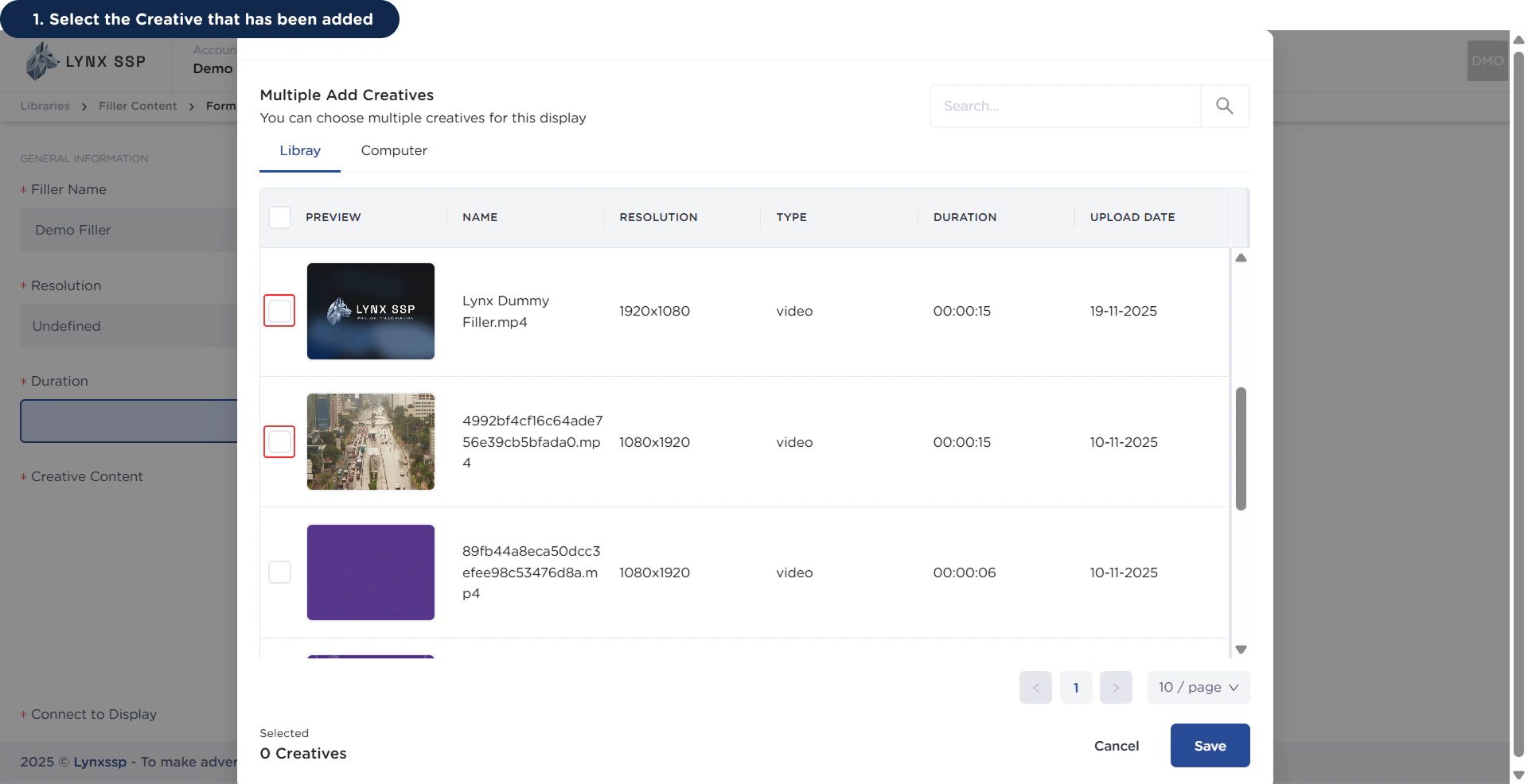 Create New Filler Content Add Creative via Library 1