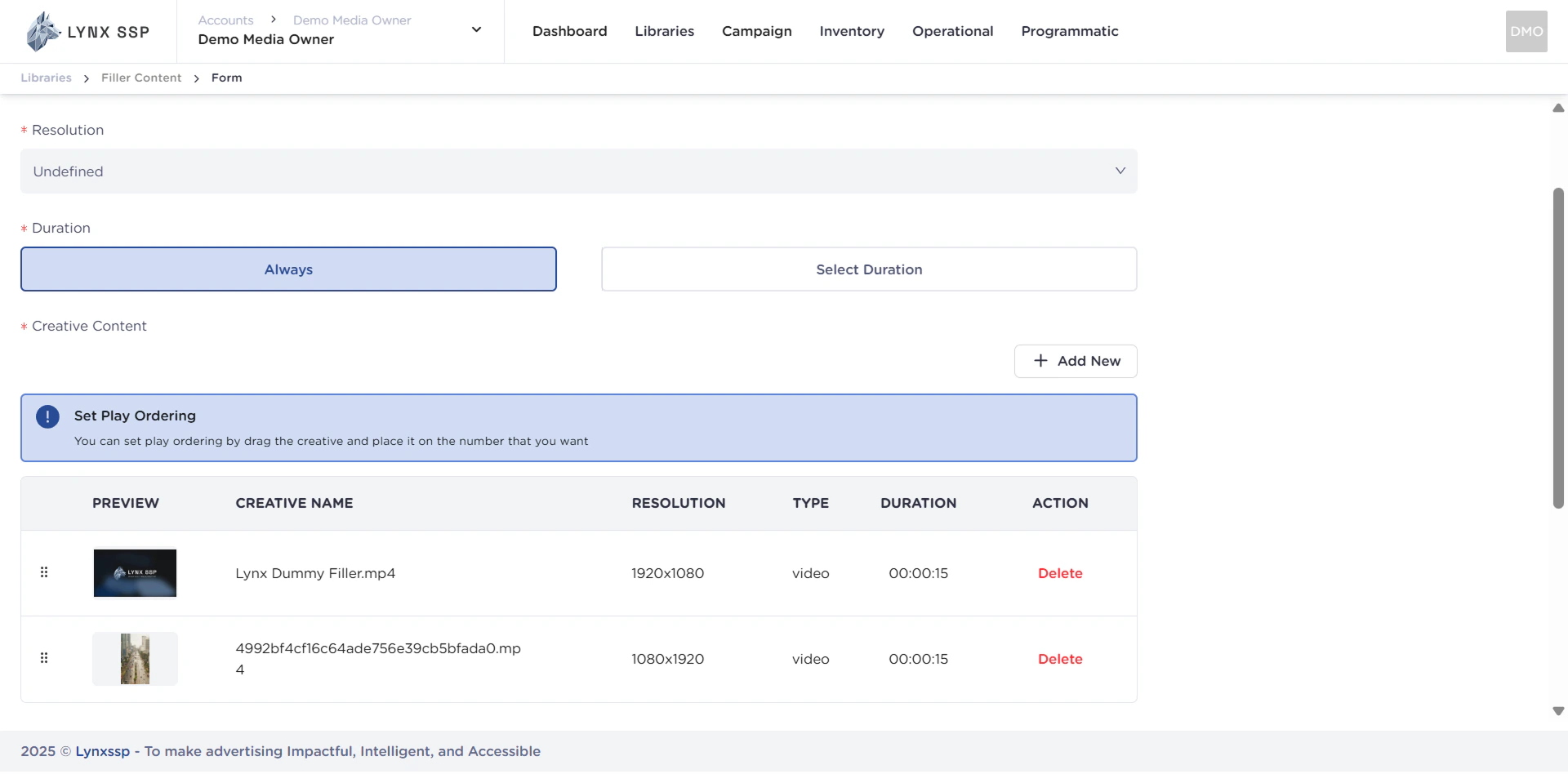 Create New Filler Content Add Creative List