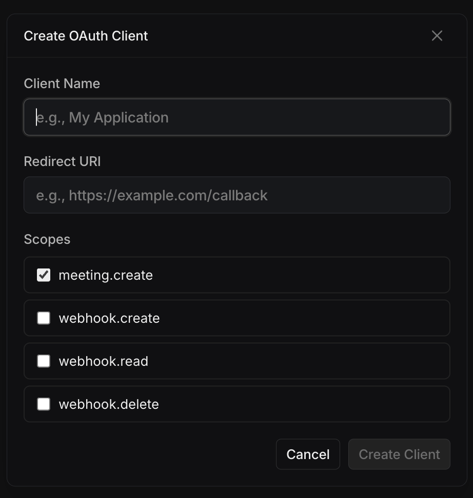 Create OAuth Client dialog