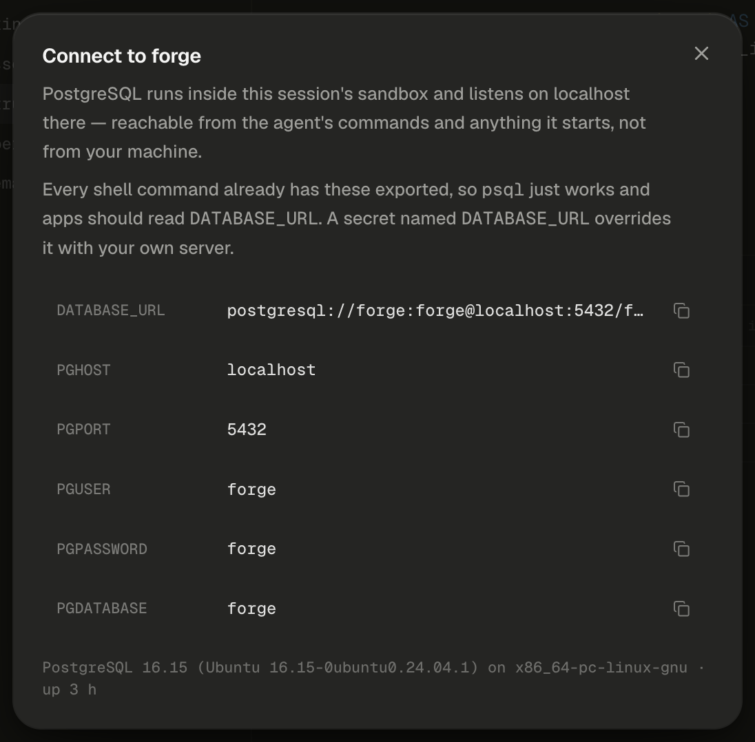 The Connect to forge dialog, with an X to close it. Its text reads: PostgreSQL runs inside this session's sandbox and listens on localhost there — reachable from the agent's commands and anything it starts, not from your machine. Every shell command already has these exported, so psql just works and apps should read DATABASE_URL. A secret named DATABASE_URL overrides it with your own server. Below are six rows, each with a copy button: DATABASE_URL, its value postgresql://forge:forge@localhost:5432/f… cut off at the column's edge, PGHOST localhost, PGPORT 5432, PGUSER forge, PGPASSWORD forge and PGDATABASE forge. The bottom line reads PostgreSQL 16.15 (Ubuntu 16.15-0ubuntu0.24.04.1) on x86_64-pc-linux-gnu · up 3 h.