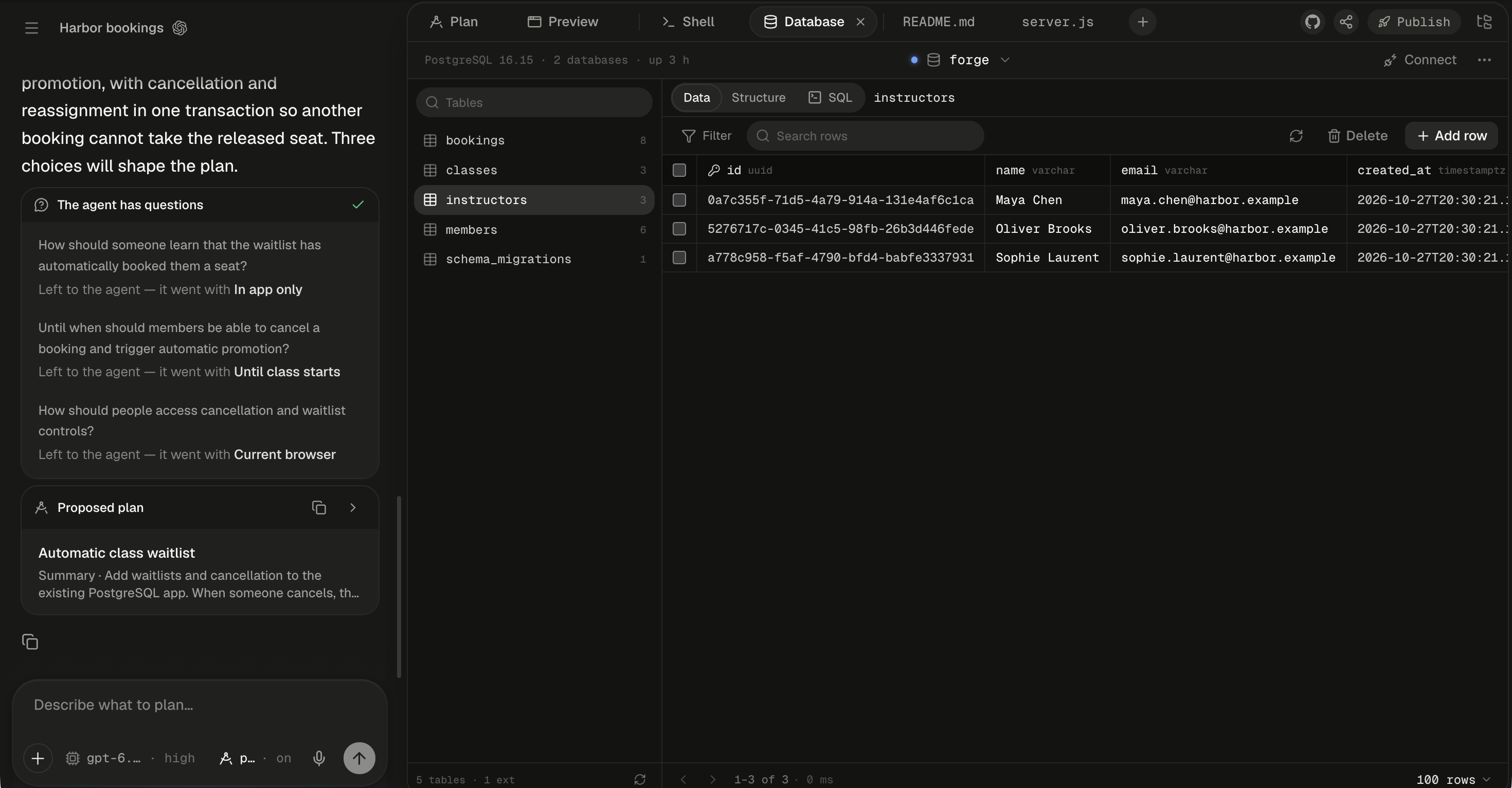 The Harbor bookings session with the Database tab in front. The tab strip reads Plan, Preview, Shell, Database with its ×, then the file tabs README.md and server.js and the round + button, with the GitHub, Share, Publish and files buttons at the right. The toolbar reads PostgreSQL 16.15 · 2 databases · up 3 h in small grey type on the left, shows the database picker pill with a blue dot, a database icon, the name forge and a chevron in the middle, and ends with Connect with a plug icon and the ⋯ Database actions button on the right. The left column has a Tables filter box above the list bookings 8, classes 3, instructors 3, members 6 and schema_migrations 1, with instructors selected and 5 tables · 1 ext at the bottom. Above the grid sits the view switch reading Data, Structure and SQL, with Data active and the table name instructors beside it. The grid toolbar shows Filter and a Search rows box on the left, and Refresh, Delete and Add row on the right. The column headers read id with a key icon, name, email and created_at, with their types uuid, varchar, varchar and timestamptz in small grey text. Three rows follow: Maya Chen, maya.chen@harbor.example; Oliver Brooks, oliver.brooks@harbor.example; and Sophie Laurent, sophie.laurent@harbor.example, each with a uuid and a created_at of 2026-10-27T20:30:21 cut off at the right edge. The footer reads 1–3 of 3 · 0 ms beside the Previous page and Next page arrows, with the page-size picker reading 100 rows on the right. The chat on the left shows the answered The agent has questions card and a Proposed plan card for Automatic class waitlist.