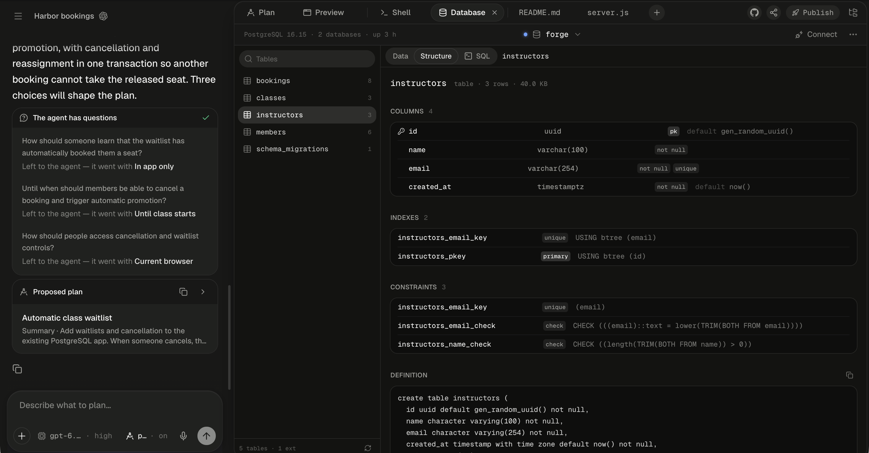The Structure view of the instructors table, with instructors selected in the tables list. The heading reads instructors, then table · 3 rows · 40.0 KB. The COLUMNS section, with the count 4, lists id with a key icon, the type uuid, a pk chip and default gen_random_uuid(); name, varchar(100), not null; email, varchar(254), not null and unique; and created_at, timestamptz, not null, default now(). The INDEXES section, with the count 2, lists instructors_email_key, marked unique, USING btree (email), and instructors_pkey, marked primary, USING btree (id). The CONSTRAINTS section, with the count 3, lists instructors_email_key, unique, (email), and the check constraints instructors_email_check and instructors_name_check with their CHECK expressions. The DEFINITION section, with a copy button, starts create table instructors ( and is cut off at the bottom.