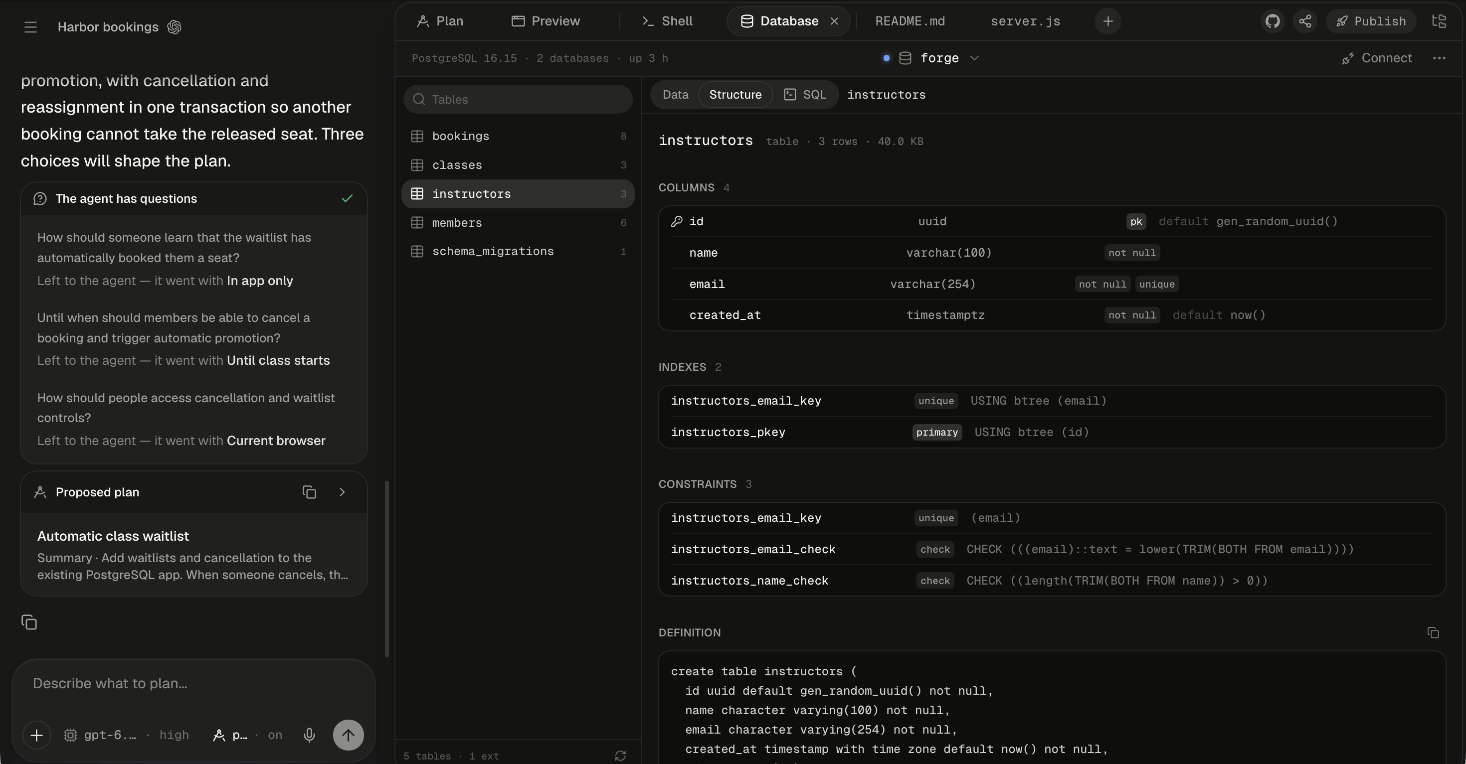 The Structure view of the instructors table, with instructors selected in the tables list. The heading reads instructors, then table · 3 rows · 40.0 KB. The COLUMNS section, with the count 4, lists id with a key icon, the type uuid, a pk chip and default gen_random_uuid(); name, varchar(100), not null; email, varchar(254), not null and unique; and created_at, timestamptz, not null, default now(). The INDEXES section, with the count 2, lists instructors_email_key, marked unique, USING btree (email), and instructors_pkey, marked primary, USING btree (id). The CONSTRAINTS section, with the count 3, lists instructors_email_key, unique, (email), and the check constraints instructors_email_check and instructors_name_check with their CHECK expressions. The DEFINITION section, with a copy button, starts create table instructors ( and is cut off at the bottom.