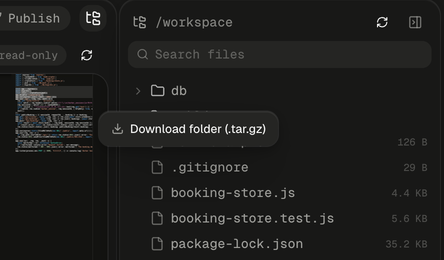 The files panel headed /workspace, with Refresh and Hide buttons and an empty Search files box, beside the file tab's read-only chip and the Publish pill. The tree starts with the db folder. Below it, a small context menu covers the public folder's row and holds one item: a download icon and the label Download folder (.tar.gz). Under the menu, the tree goes on with a 126 B file, .gitignore at 29 B, booking-store.js at 4.4 KB, booking-store.test.js at 5.6 KB and package-lock.json at 35.2 KB.