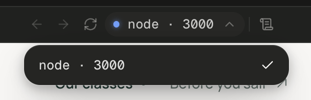 The Preview's port menu open under the port pill, which reads node · 3000 with a blue dot and an up chevron, between the Reload button and the Logs button. The menu holds one row, node · 3000, with a check mark at its right. Behind the menu, the app's Our classes and Before you sail links show through.