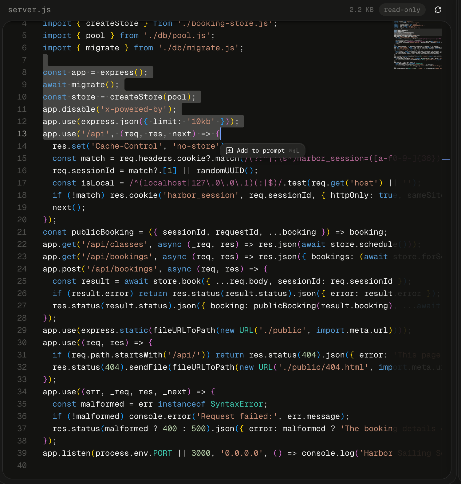 The read-only code viewer with server.js open. The header reads server.js on the left, and 2.2 KB, a read-only chip and a Refresh icon on the right. Line numbers 4 to 40 run down the left edge, and a minimap sits at the top right. Lines 7 to 13 are selected, from the empty line 7 through const app = express(); to app.use('/api', (req, res, next) => {, with the caret at the end of line 13. Just below the end of the selection floats a small dark chip with an icon, reading Add to prompt ⌘⇧L.