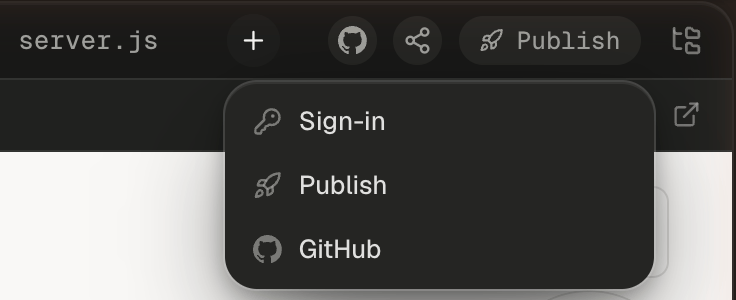 A close crop of the workspace's tab strip with the + menu open below the + button, which follows the server.js tab and comes before the GitHub, Share, Publish and files buttons. The menu lists, each with its icon: Sign-in, Publish and GitHub. Behind it, the top of the Preview shows.