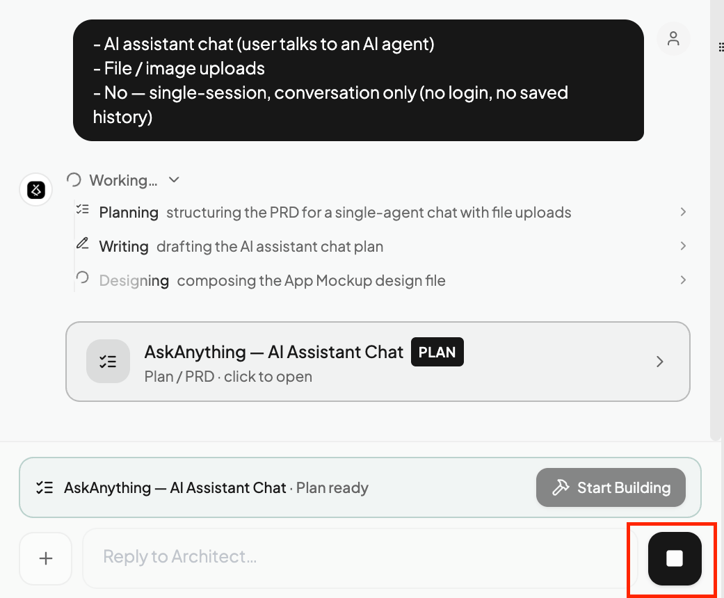 Stop button in the planning mode chat toolbar
