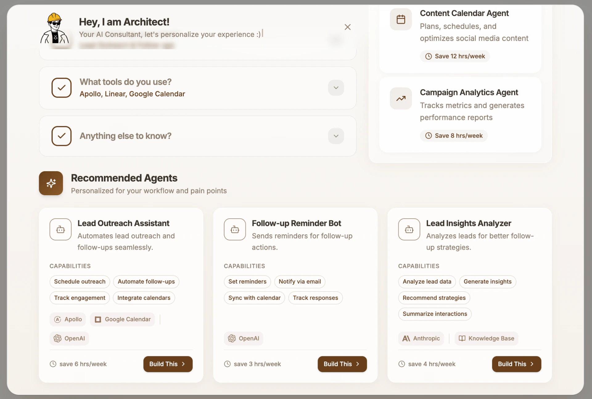 The AI Consultant personalization modal showing user inputs and generated Agent Cards with time-savings