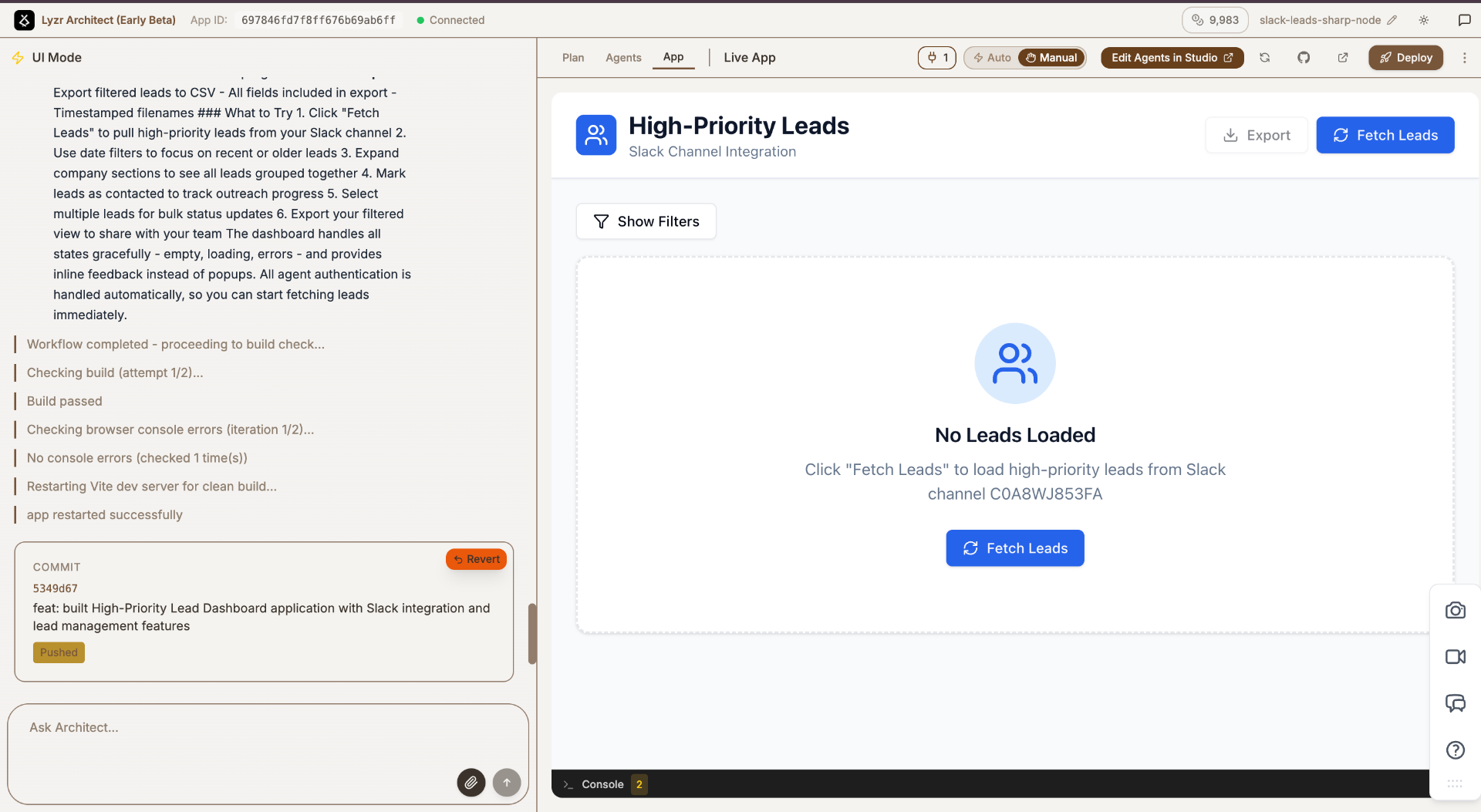 The App phase showing the generated code preview and chat interface