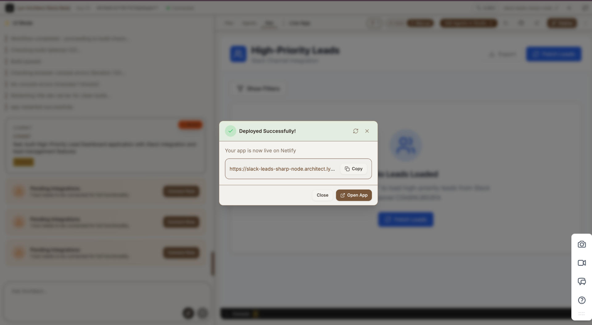 The deployment success dialog showing the live URL and options to copy or open the app